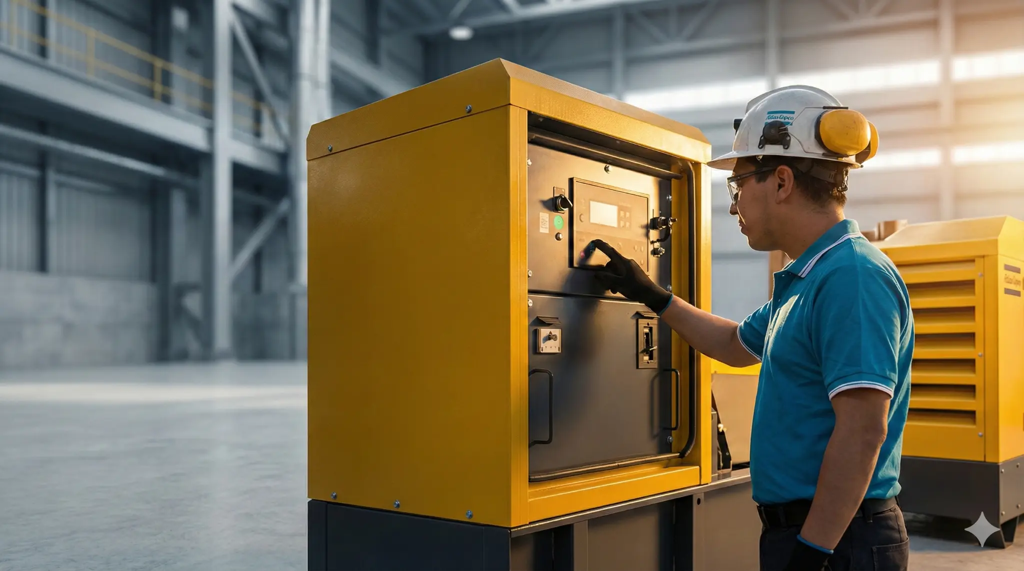 Technicien ATLAS COPCO inspectant un groupe industriel en atelier